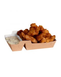 Snackbakje karton bruin/wit met sausvakje
195 x 110 x 35 mm - A14+1 / A20