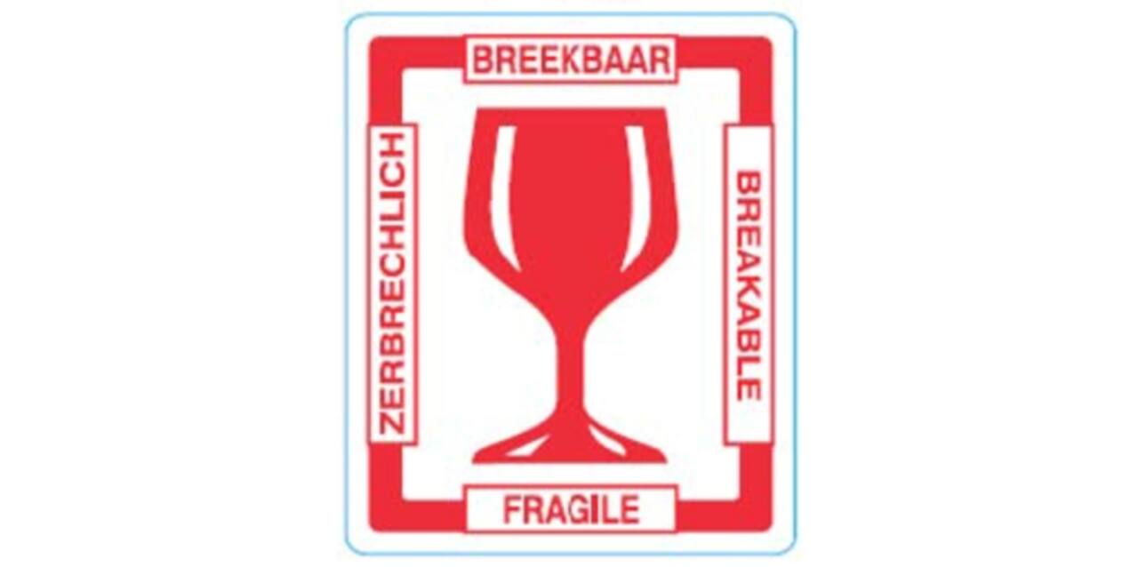 Etiket 97 x 79 mm wit waarschuwing bedrukt breekbaar/fragile met glas
