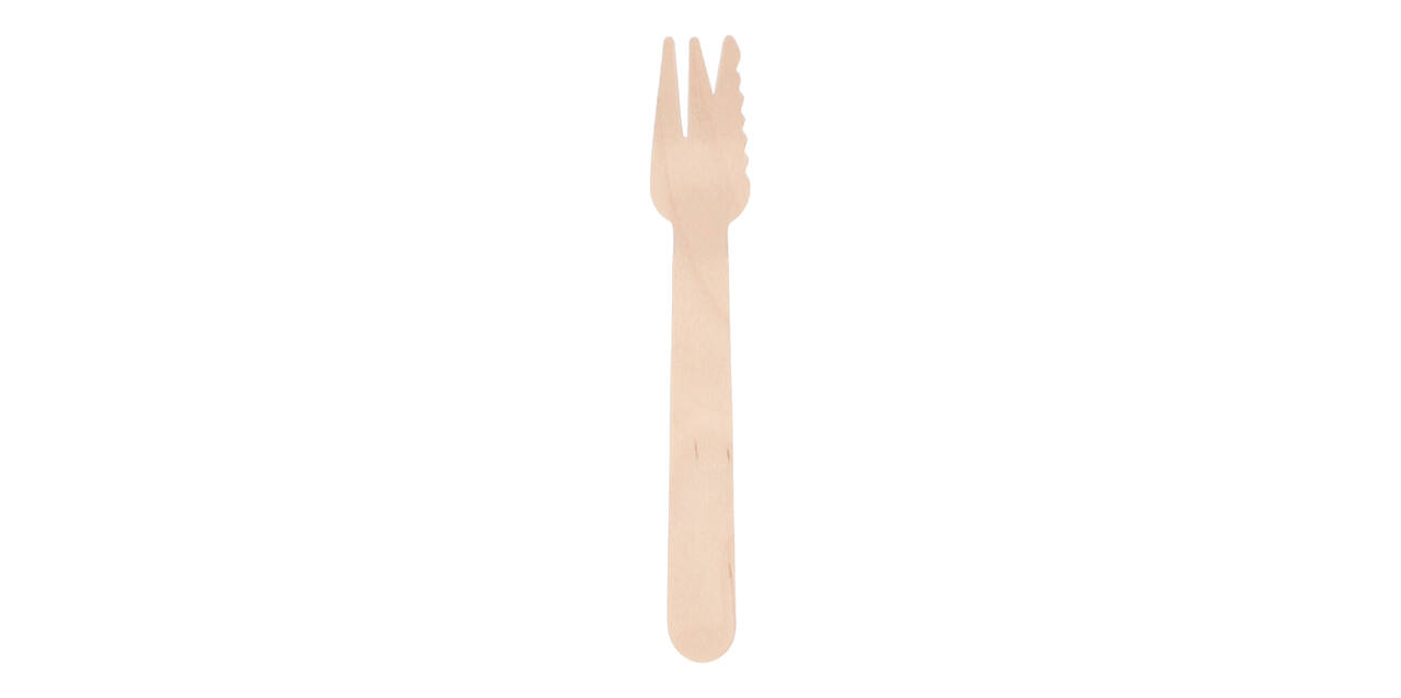 Snackvork hout 14 cm met 3-tand + snijkant