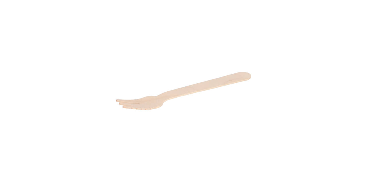 Snackvork hout 14 cm met 3-tand + snijkant