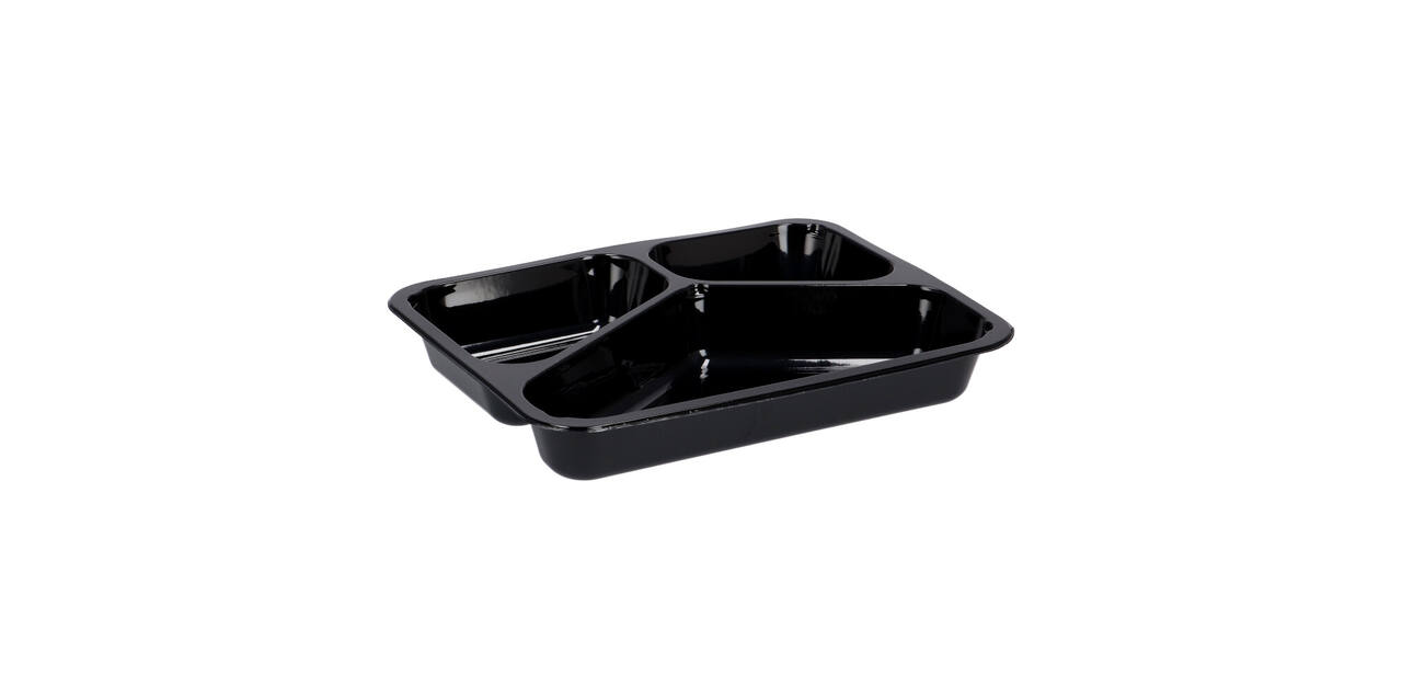 151307 - Menubak CPET 225 x 175 x 34 mm zwart 430/225/165 ml rechthoekig 3-vaks