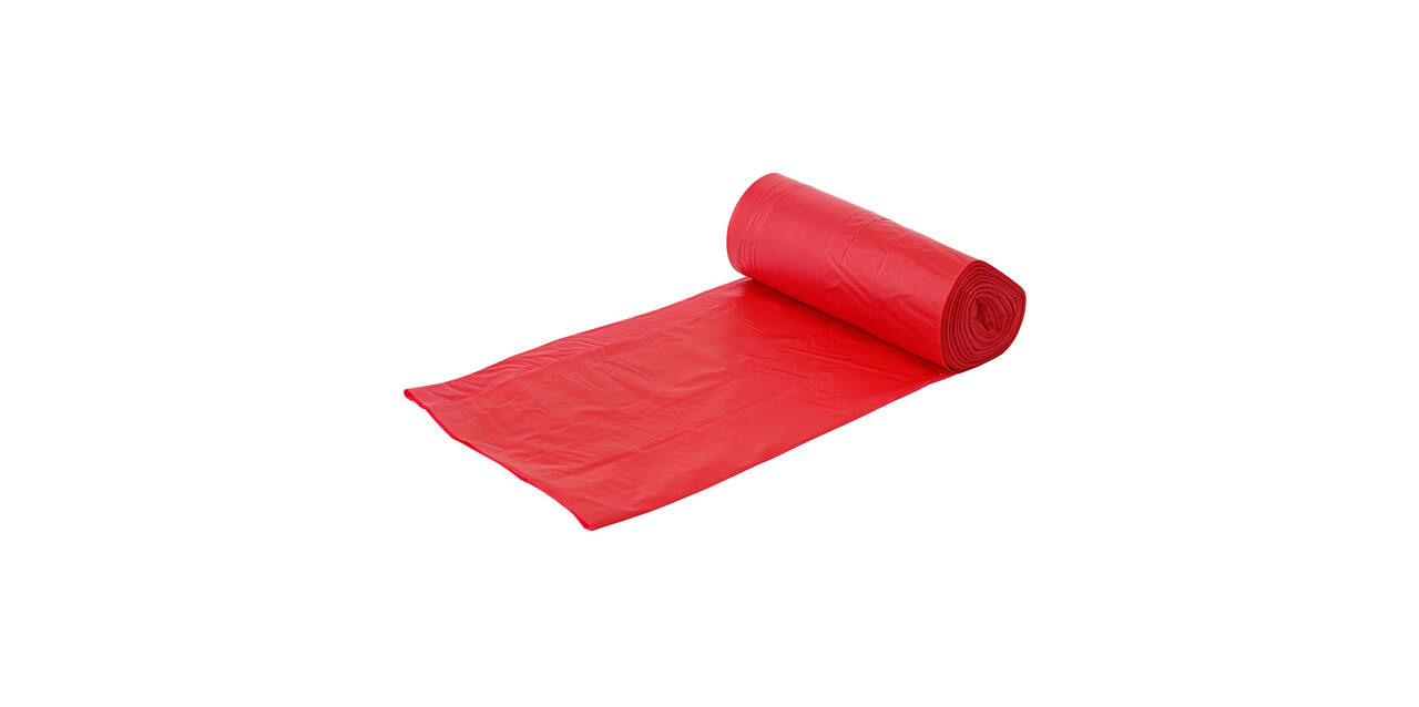 Afvalzak MDPE 66/14 x 193 cm rood 40 my op rol (á 10 st)