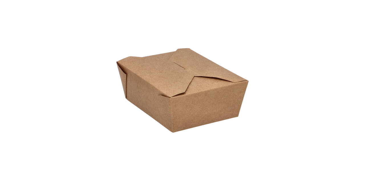 Take away box karton 173 x 145 x 65 mm 1350 ml 45oz bruin +PE