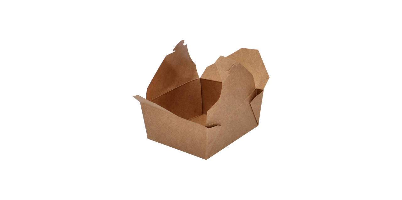 Take away box karton 173 x 145 x 65 mm 1350 ml 45oz bruin +PE