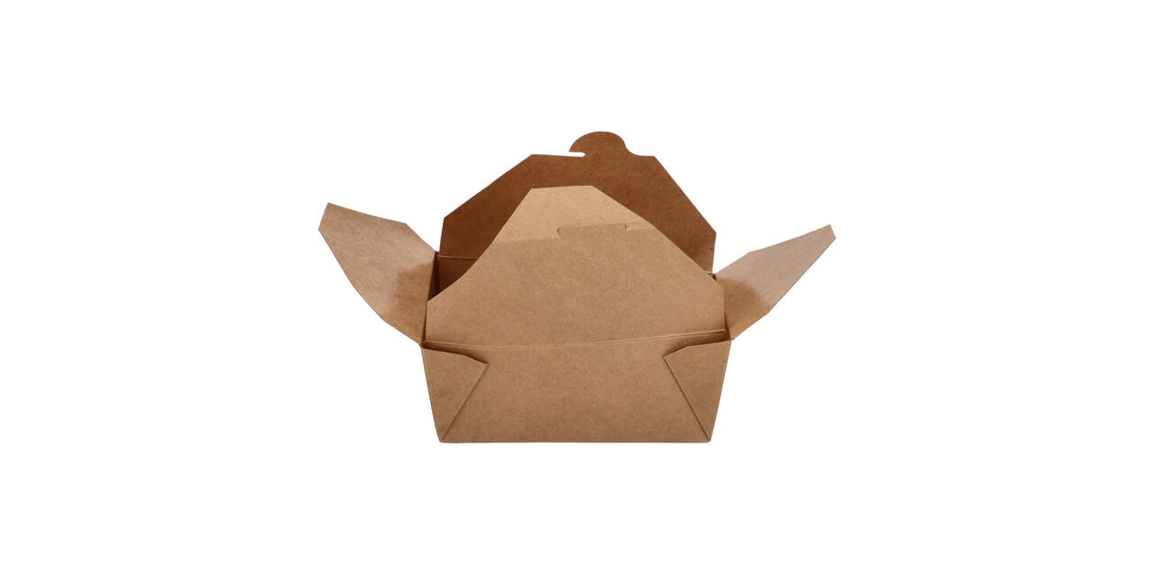 Take away box karton 173 x 145 x 65 mm 1350 ml 45oz bruin +PE