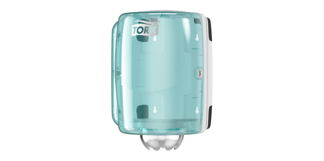 659000 - Poetspapier dispenser kunststof 23,2 x 24,8 x 35,6 cm wit/turquoise centerfeed TORK