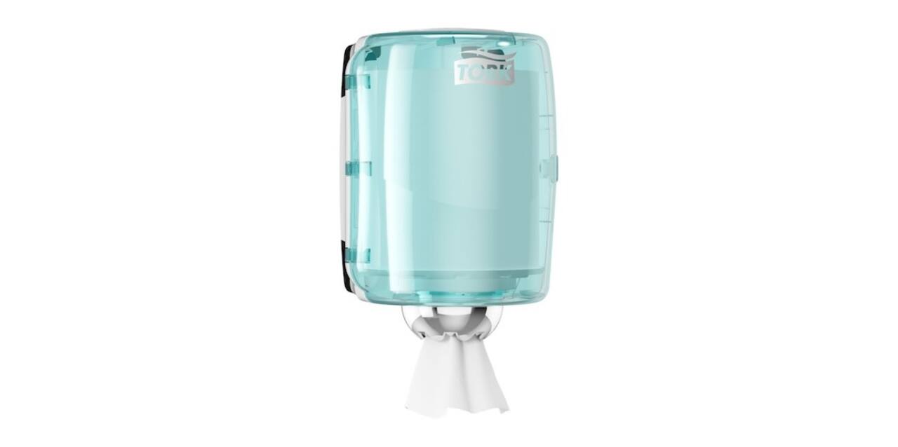 659000 - Poetspapier dispenser kunststof 23,2 x 24,8 x 35,6 cm wit/turquoise centerfeed TORK