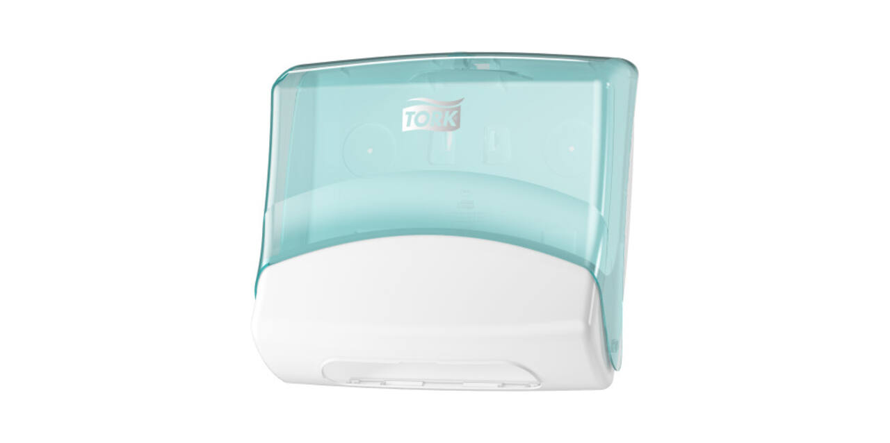 654000 - Gevouwen reigingsdoek dispenser kunststof 20,6 x 42,7 x 39,4 cm wit/turquoise TORK W4