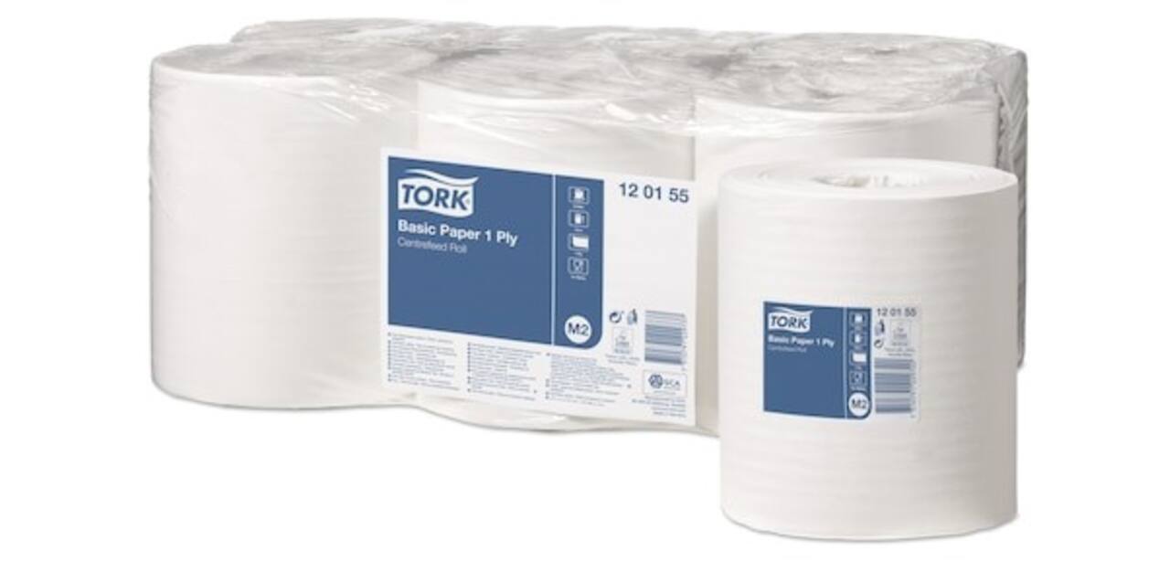 120155 - Poetspapier recycled papier 20 cm x 300 mtr wit 1-laags basic centerfeed TORK