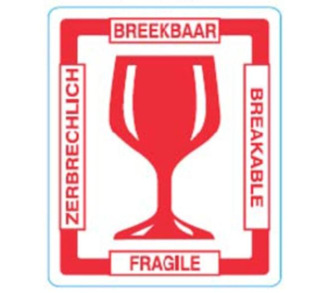 Etiket 97 x 79 mm wit waarschuwing bedrukt breekbaar/fragile met glas