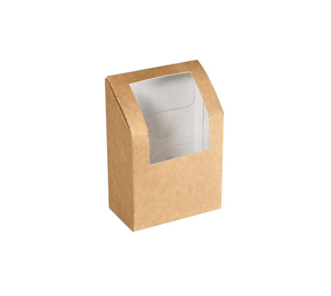 159911 - Wrapverpakking cardboard bruin met venster 90 x 50 x 130 mm 550 cc