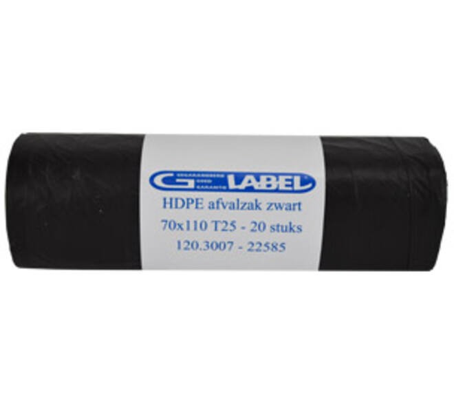 Afvalzak HDPE 70 x 110 cm zwart 25 my op rol (á 20 st)