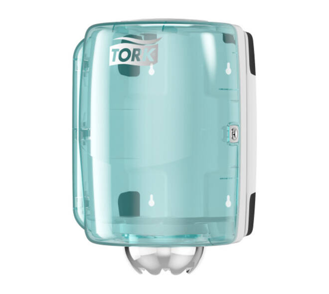 659000 - Poetspapier dispenser kunststof 23,2 x 24,8 x 35,6 cm wit/turquoise centerfeed TORK