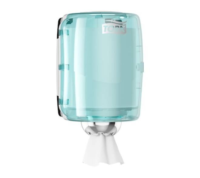 659000 - Poetspapier dispenser kunststof 23,2 x 24,8 x 35,6 cm wit/turquoise centerfeed TORK