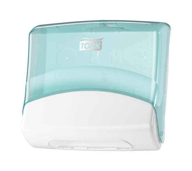 654000 - Gevouwen reigingsdoek dispenser kunststof 20,6 x 42,7 x 39,4 cm wit/turquoise TORK W4