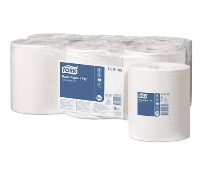 120155 - Poetspapier recycled papier 20 cm x 300 mtr wit 1-laags basic centerfeed TORK