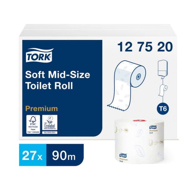 127520 - Toiletpapier papier 9,9 cm x 9 mtr wit 2-laags mid-size zacht TORK